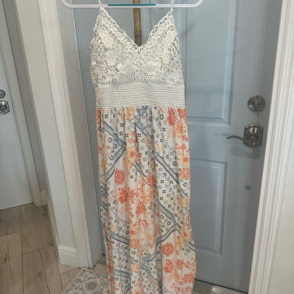White and Orange Floral Maxi Dress
